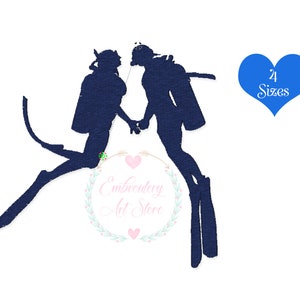 Couple Diver Scuba Diving Adventure Silhouette Clipart Machine Embroidery Design, Diver with Love, Sea Diver, 4 Sizes, Instant Download