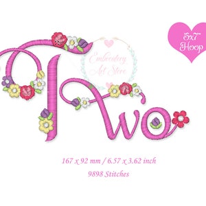 Two Birthday Two Year Old Machine Embroidery Designs, 5x7 inch, 2st Birthday Floral Letter Dainty flower Embroidery Font, Digital Download