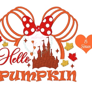 Hello Pumpkin with Mickey Machine Embroidery Design, Halloween Pumpkin, Autumn Machine Embroidery, Pumpkin with leaves, 5 Sizes