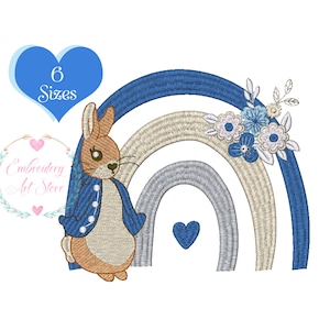 Diseño de bordado a máquina con diseño de Peter Rabbit con flores azules y arcoíris, lindo diseño de conejo bebé, Peter Rabbit Rainbow, 6 tamaños, descarga digital instantánea