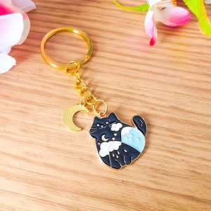 Porte clef Chat lune, Neko étoile, porte clé original kawaii, cadeau anniversaire Saint Valentin, fête des mères