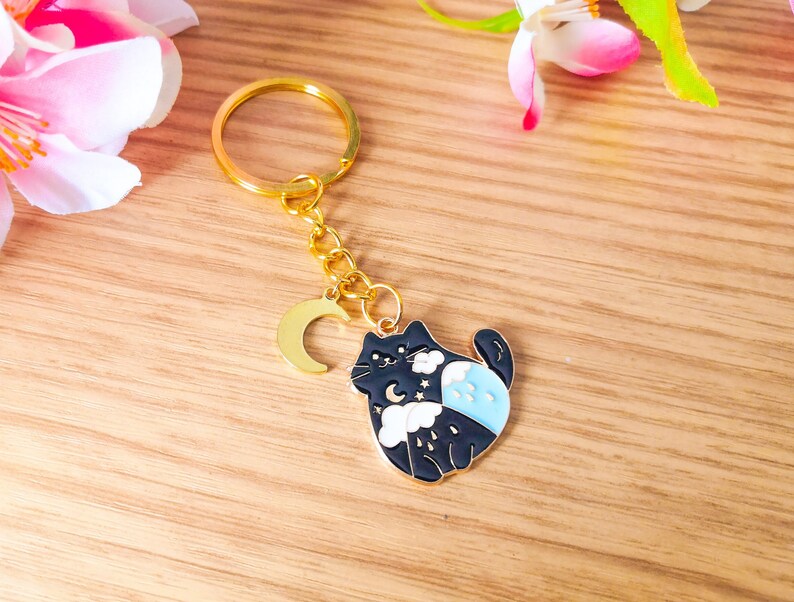 Cat moon key ring, Neko star, original kawaii key ring, Valentine's Day birthday gift, Mother's Day image 1