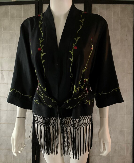 Embroidered Floral Silk Jacket with Long Fringe an