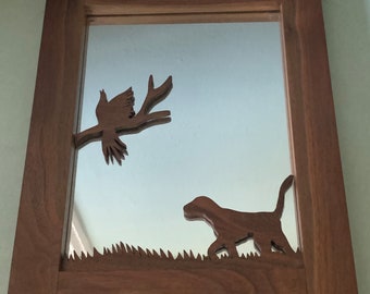 Folk Art Hand Made Carved Wood Framed Mirror with Dog, Bird and Grass