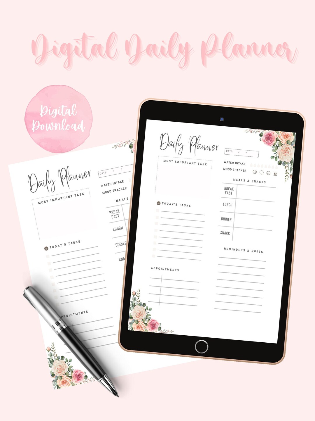 Digital Daily Planner | Printable Planner | Editable Planner | Floral ...