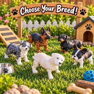 Op de afbeelding: Een verzameling van vijf beweegbare hondjes van verschillende rassen, waaronder een Duitse herder, een teckel, een Franse bulldog en een gevlekte hond, op gras met een bordje Choose Your Breed, een hondenhok en een voerbak.