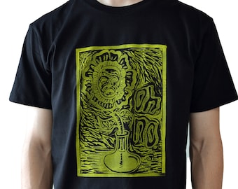 Handbedrukt T-shirt - Origineel "Oh No" Sad Flower Design, gele inkt op zwart