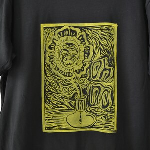 Hand Printed T-Shirt Original Oh No Sad Flower Design, Yellow Ink on Black image 2