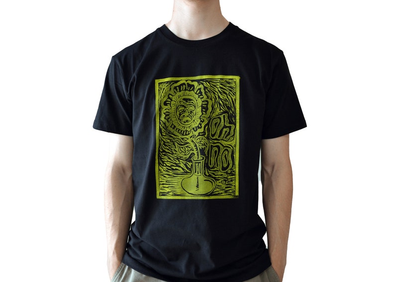 Hand Printed T-Shirt Original Oh No Sad Flower Design, Yellow Ink on Black image 1