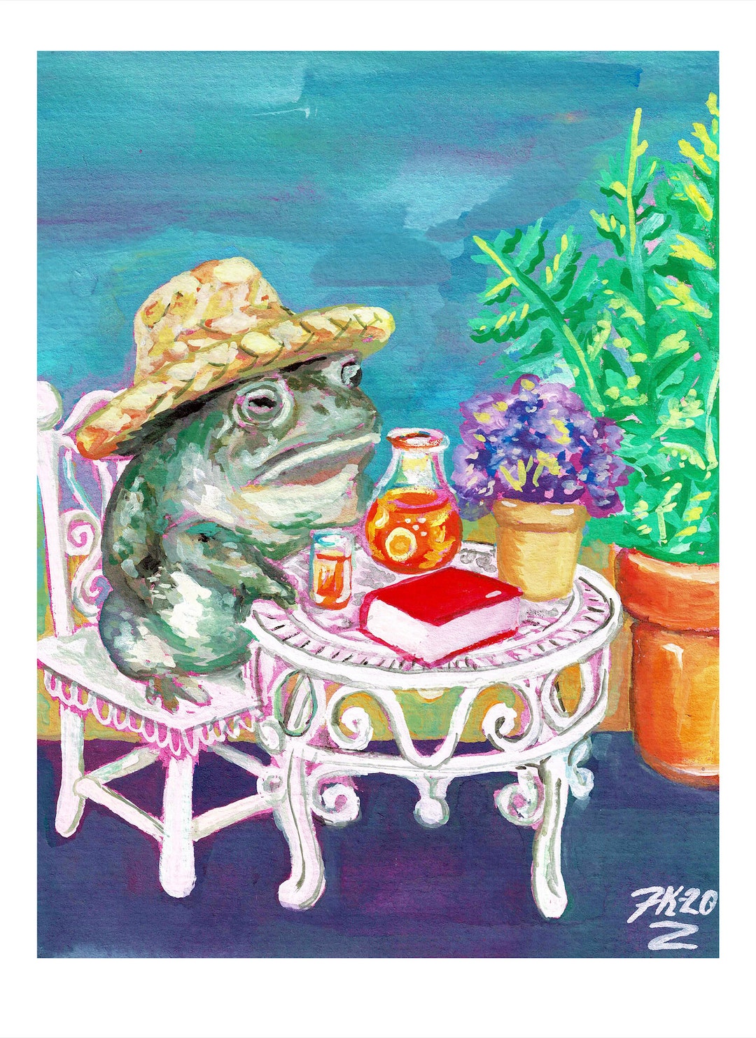 Toby Toad Tea Party Gouache Painting, High Quality Archival Frog Art