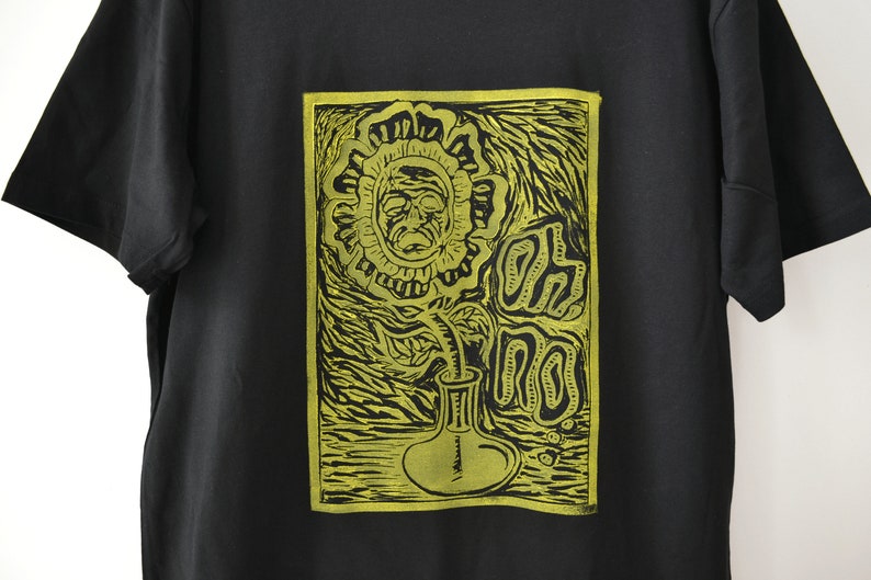 Hand Printed T-Shirt Original Oh No Sad Flower Design, Yellow Ink on Black image 2