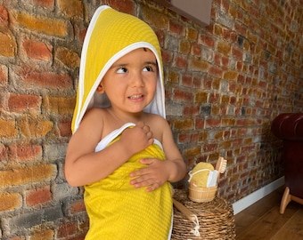 Mustard Personalized Newborn Towel, Organic Muslin Baby Bath Towel, Newborn Swaddle robe, baby wash pouch.,