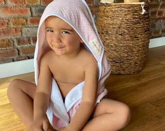 Personalized Pink Baby Hooded Towel, Organic Muslin Baby Bath Towel, Newborn Swaddle robe, baby wash pouch.,