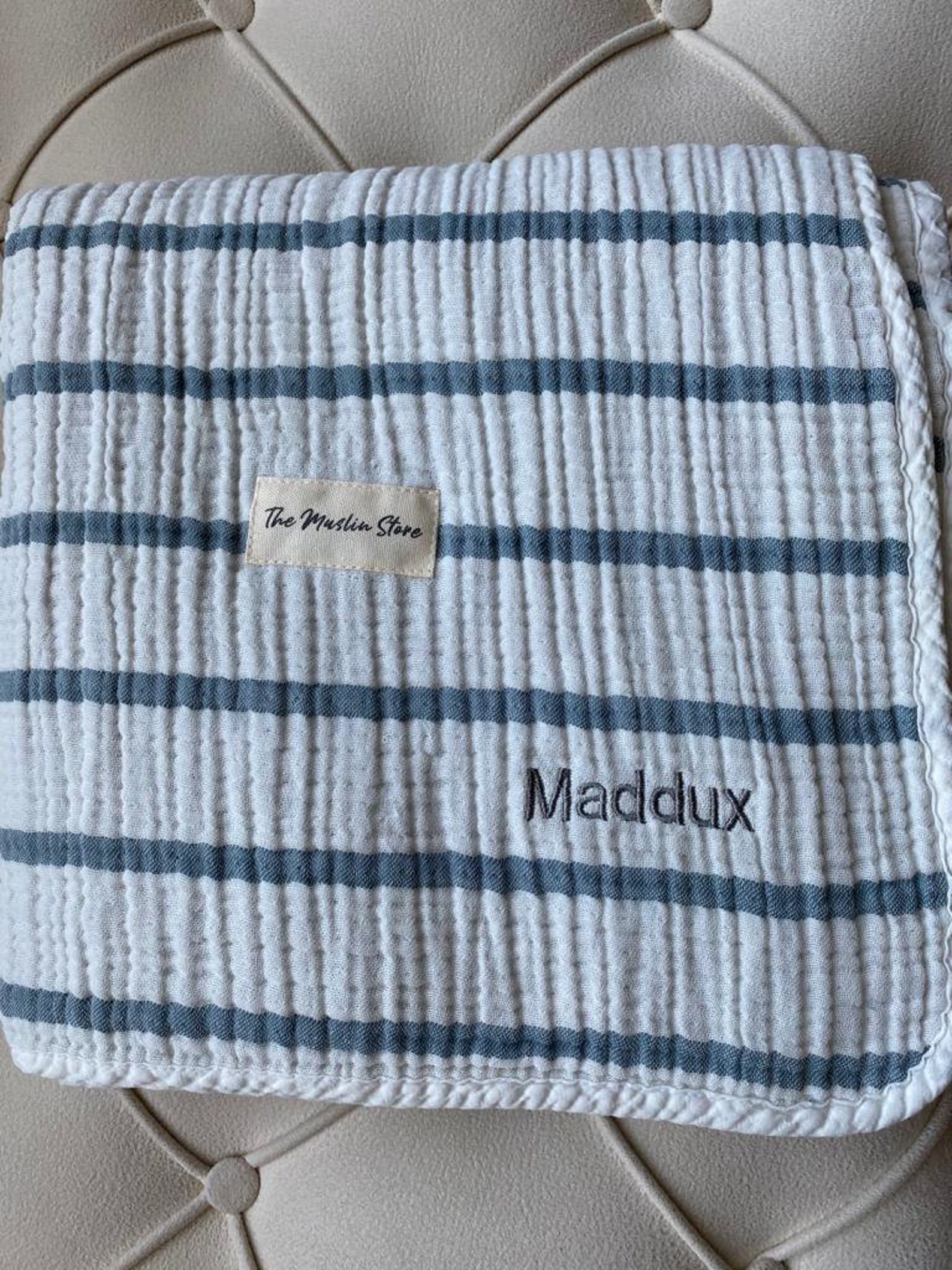 Personalized Navy Baby Blanket, Striped Natural Children Blanket
