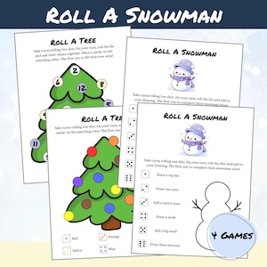 May include: Four printable winter-themed games titled "Roll a Snowman" and "Roll a Tree". The games feature illustrations of a snowman and a Christmas tree. Instructions and dice rolling prompts are included on each page.