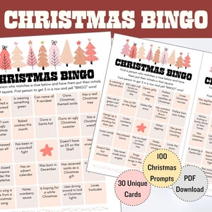 Bingo de Navidad imprimible con 30 cartas únicas, juego de encontrar el invitado, juegos de fiesta para romper el hielo, juegos de reunión familiar, tema del árbol de Navidad