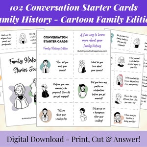 102 Conversation Starter Cards to Use in Family Party Games, Family History Games, Cartoon Family Design, Genealogy Gifts, PRINTABLE