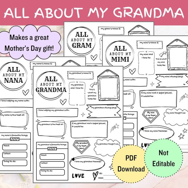 All About Grandma Printable, Mothers Day Presents, Sentimental Keepsake, Meaningful Mom Gift, Mothers Day Games, Gift for Nonna, A002