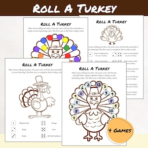 Printable Roll A Turkey Game, Thanksgiving Classroom Games, Friendsgiving Party Activity, TPG003