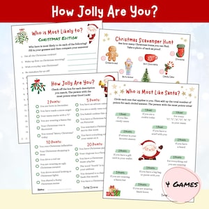 May include: A set of four Christmas-themed games with festive illustrations and text. The games include a scavenger hunt, a quiz titled "Who is Most Likely to?", and a game called "How Jolly Are You?" with a Santa Claus graphic.