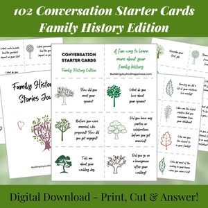 102 cartes de démarrage de conversation sur l'histoire de la famille - parfaites pour les réunions de famille, imprimables, téléchargement numérique