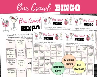 バー巡りビンゴ（レディースナイトゲーム、クルーズバー巡り、バー宝探し、独身最後のビンゴ、ガールズナイトゲーム、ピンクカクテルテーマ）