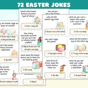 May include: A printable set of 72 Easter jokes with colourful illustrations of bunnies and eggs. Each card features a question and answer, with the answer hidden behind a flap.