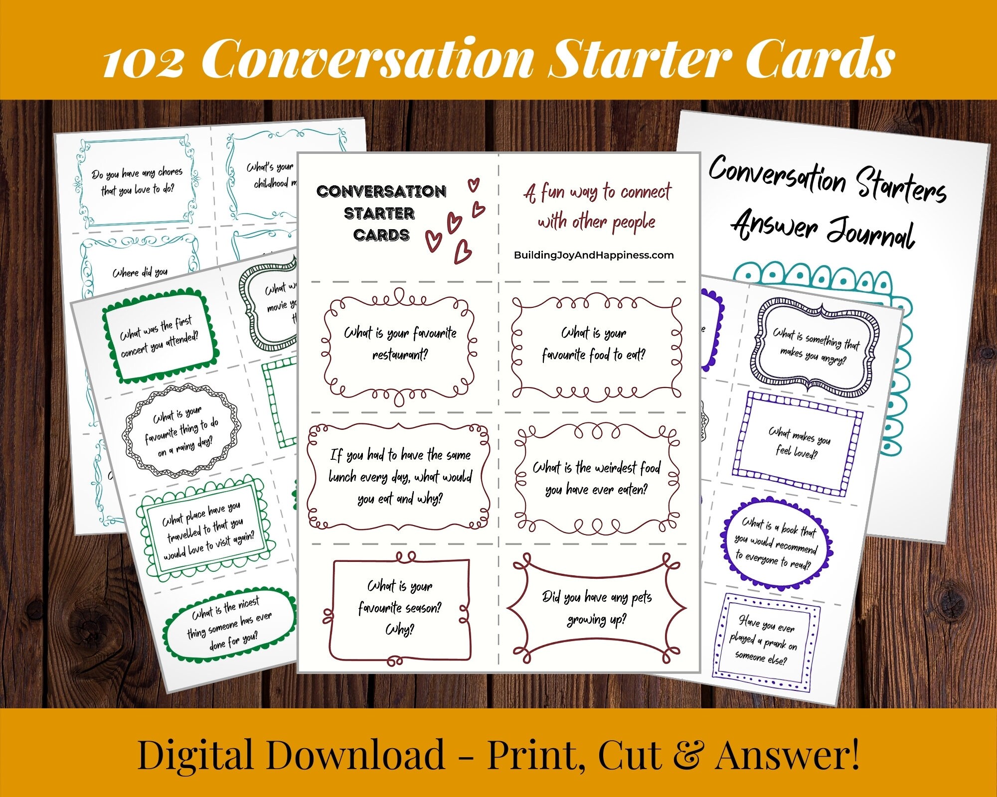 102 conversation starter cards with journal family etsy