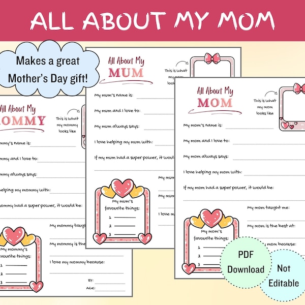 All About My Mom Printable, Sentimental Keepsake, Mothers Day Presents, Meaningful Mom Gift, Mothers Day Activity, Kids Questionnaire, A007