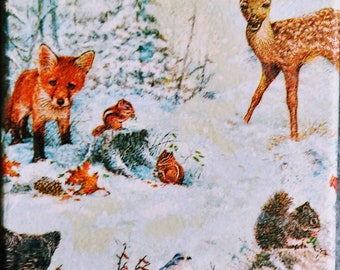 Woodland animals in the snow, square wooden coasters