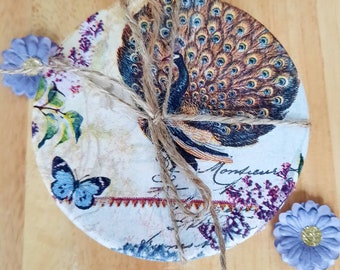 Peacock & blue butterfly  round wooden coasters