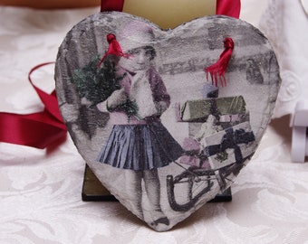 Christmas slate heart with little girl pulling sleigh in vintage style