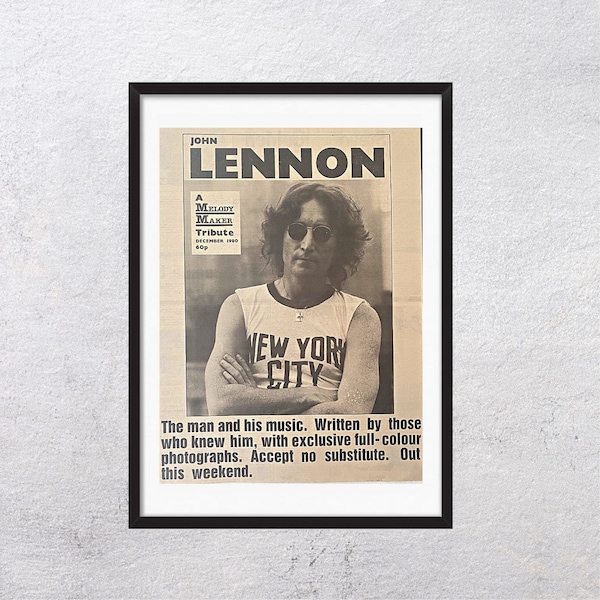 JOHN LENNON TRIBUTE by Bob Gruen 1980 Melody Maker - Original, authentic, promo poster, page vintage,80s, rock, music - J5