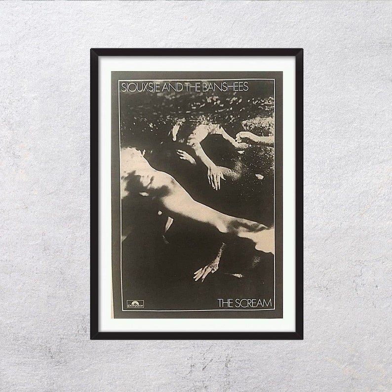 May include: Black and white photo of a band, Siouxsie and the Banshees, with the album title "The Scream" printed below the image.