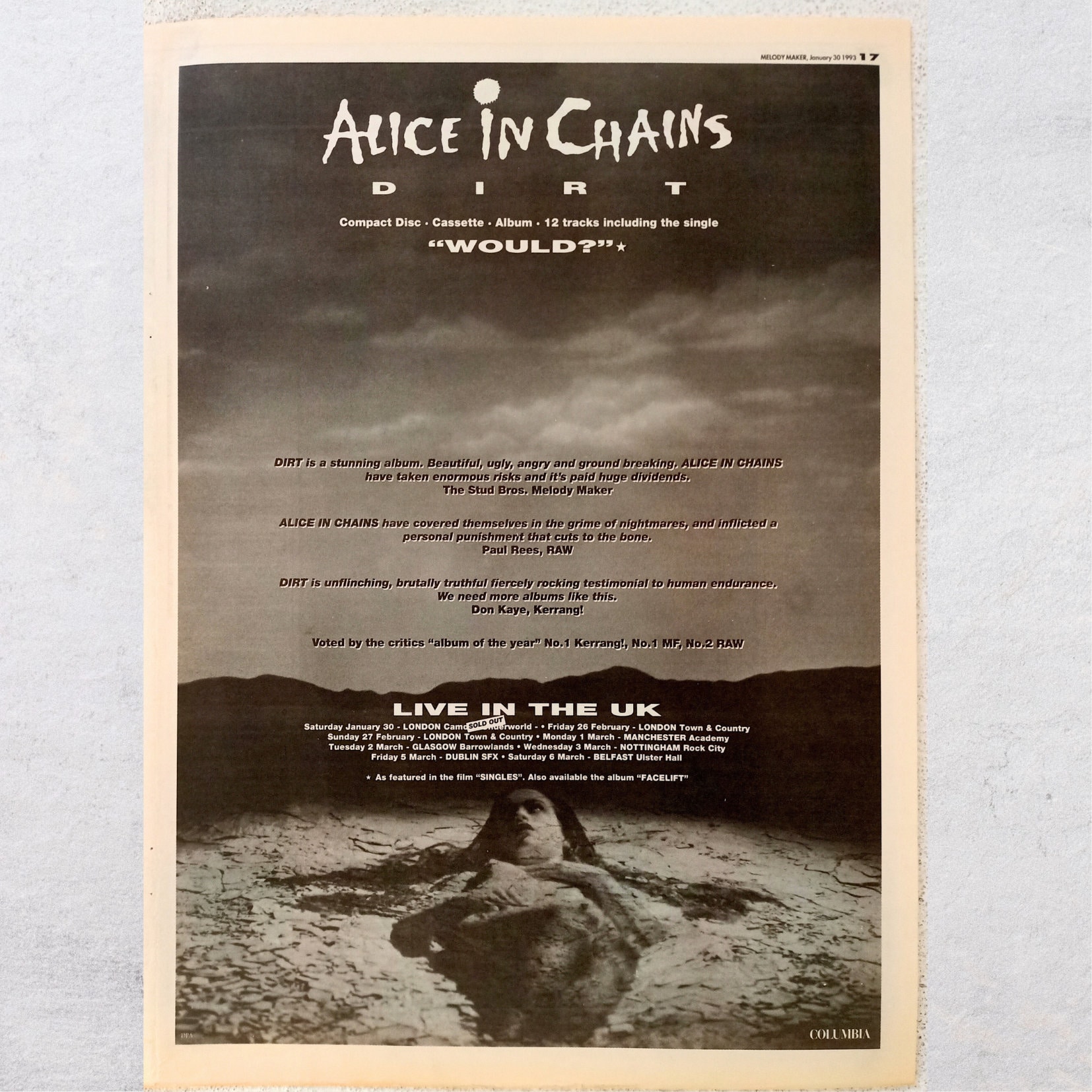 ALICE in CHAINS 1993 - Dirt - UK ツアー - ビンテージ、ポスター