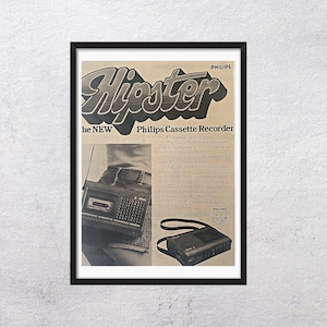 HIPSTER 1976 - GRABADORA DE CASSETTE - cartel adv - auténtico, vintage, cartel, adv, Philips, retro, años 70 - J3