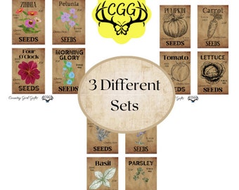 May include: Seed packets with botanical illustrations of flowers, vegetables, and herbs. The packets are arranged in sets, with labels like "Zinnia," "Pumpkin," and "Basil." The design has a vintage aesthetic, with text and illustrations.