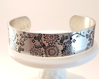 Sunflower Cuff Bracelet, Stacking Cuffs, Mother's Day Gift, Daughter's Gift, Anniversary Gift, Silver Jewelry, Floral Style Jewelry