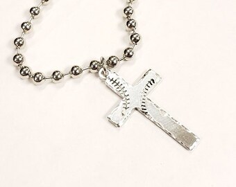 Baseball Cross Necklace,  Baseball Stitches Necklace, Hand Stamped Necklace, Softball Cross Necklace, Love Necklace, Mom Gift