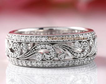 Vintage Style Filigree Band, Milgrain Band, Vintage Art Deco Engagement Ring, Art Deco Stacking Ring, 14K Gold Round Moissanite Wedding Band