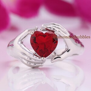 Stunning Hand Embracing Red Heart Simulated Diamond Ring, Hugging Hands Jewelry, Dainty Love Ring Promise Jewelry Statement Women's Ring