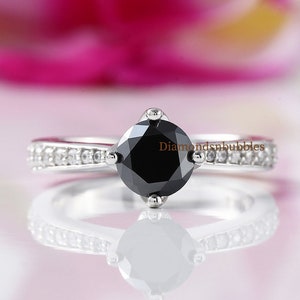 Black Onyx Moissanite Ring, Solitaire With Accent Ring, 1 CT Round Black Moissanite Diamond Engagement Ring, 14K White Gold Wedding Ring