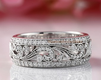 Vintage Style Filigree Band, Milgrain Band, Vintage Art Deco Engagement Ring, Art Deco Stacking Ring, 14K Gold Round Moissanite Wedding Band