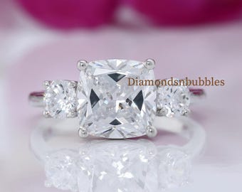 Cushion Cut Moissanite Engagement Ring, Three Stone Wedding Ring, Promise Ring for Her, Minimalist Dainty Ring,  14k White Gold Bridal Ring