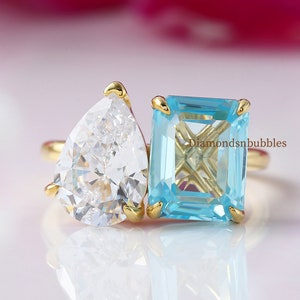 Toi Et Moi Gold Rin, Pear & Aquamarine Emerald Ring, Two Stone Ring, 2 Stone Aquamarine Engagement Ring, Women Wedding Ring Anniversary Gift