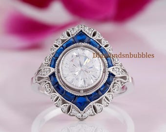 Art Deco Simulated Diamond Ring, Blue Sapphire Halo Engagement Ring, Vintage Edwardian Halo Engagement Ring, Women's Promise Ring