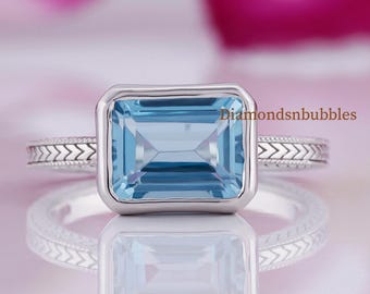 Emerald Cut Simulated Aquamarine Ring, Bezel Set Engagement Ring, Vintage Engraved Band, Simulated Aquamarine Ring, Vintage Art Deco Band