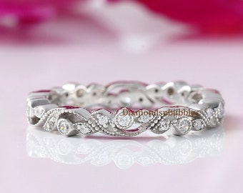 Leaf & Vine Art Deco Wedding Band, Full Eternity Band, Milgrain Marquise Dot Ring, Vintage Art Deco Band, Round Moissanite Engagement Band