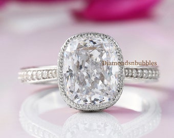 Cushion Cut Moissanite Diamond Engagement Wedding Ring, 14K White Gold Vintage Style Ring, Milgrain Diamond Ring Art Deco Vintage Style Ring