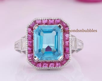 Emerald Cut Blue Simulated Diamond Ring, Vintage Style Pink Ruby Halo Ring, Art Deco Cocktail Ring, Unique Engagement Ring